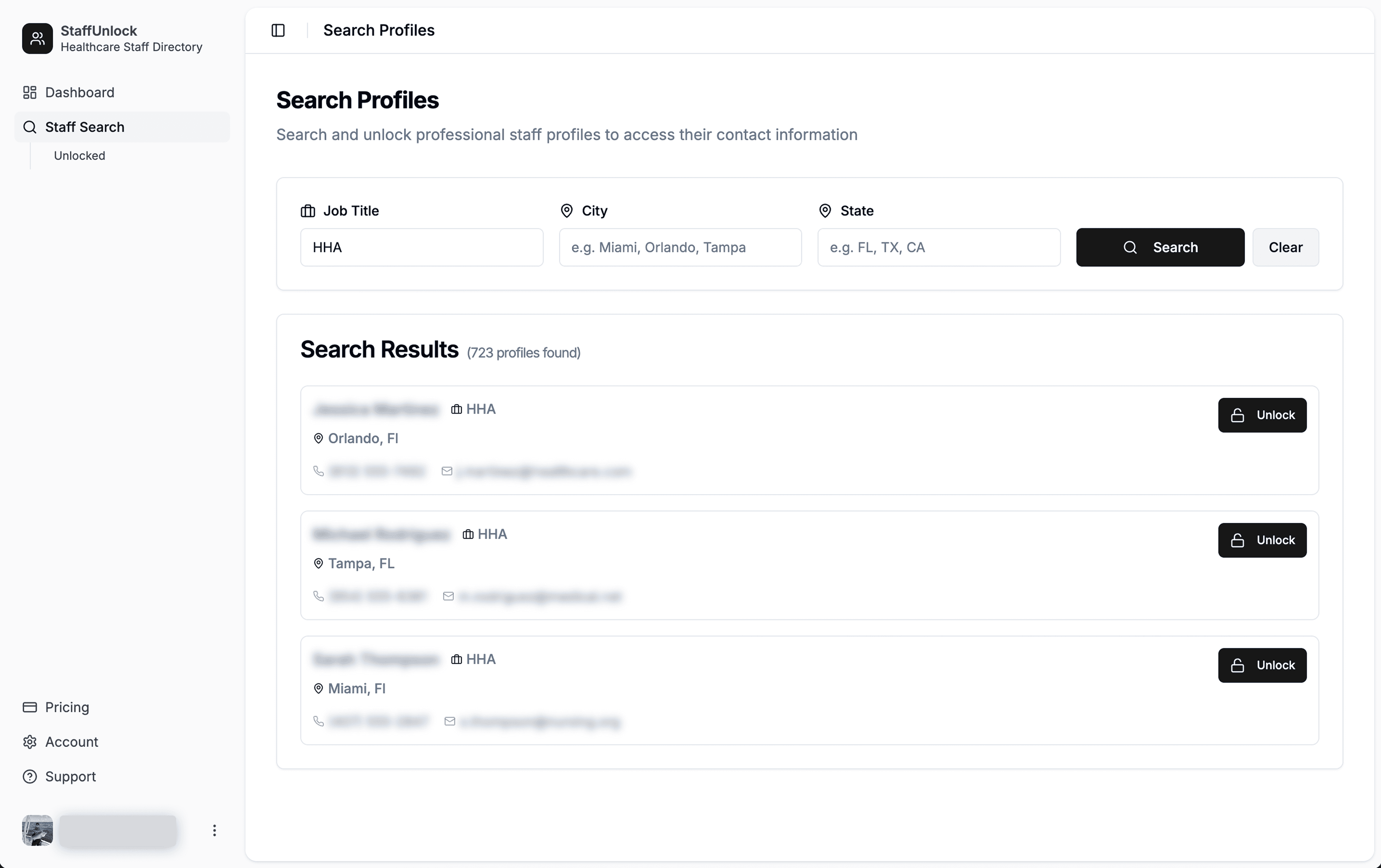StaffUnlock Dashboard - Browse and unlock caregiver profiles